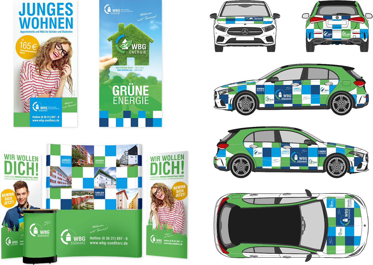 Werbeagentur Landsiedel Müller Flagmeyer, Nordhausen: WBG Wohnungsbaugenossenschaft Südharz eG Flyer Junges Wohnen, Grüne Energie, Fahrzeugbeschriftung, Messestand, Theke, Roll-Up Banner, Folder